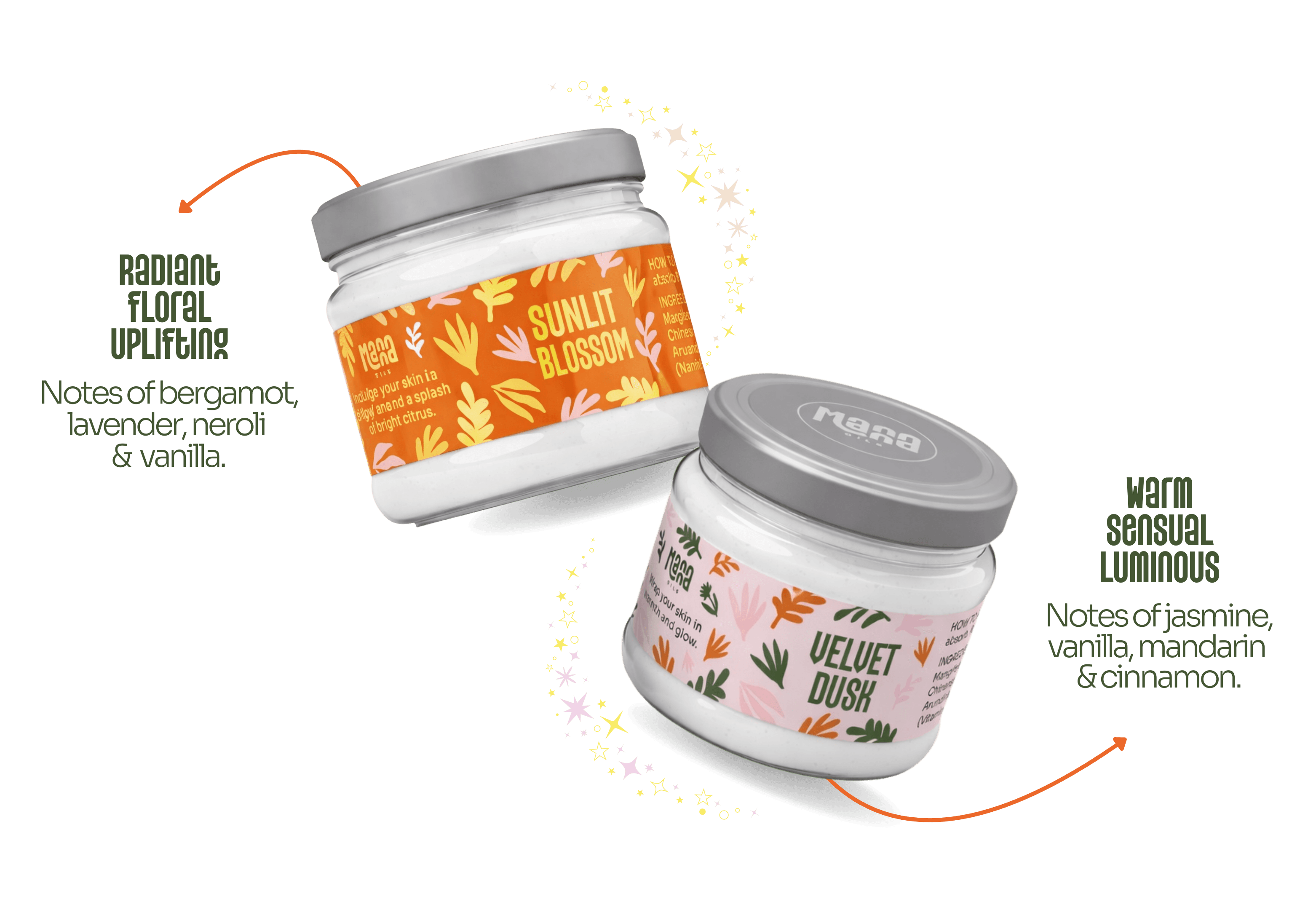 Sunlit Blossom and Velvet Dusk Whipped Body Butter jars. Sunlit Blossom: Radiant, Floral, Uplifting with notes of bergamot, lavender, neroli and vanilla. Velvet Dusk: Warm, Sensual, Luminous with notes of jasmine, vanilla, mandarin and cinnamon.